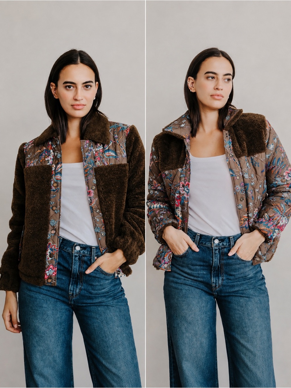 Love The Label Finley Sherpa Jacket Reversible Charlotte Floral Brown S Small